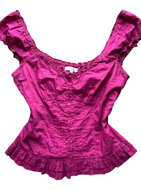 Warehouse One Tops - Y2K “Warehouse One” Magenta Pink Ruffle Trim Milkmaid Style Lace-up Blouse